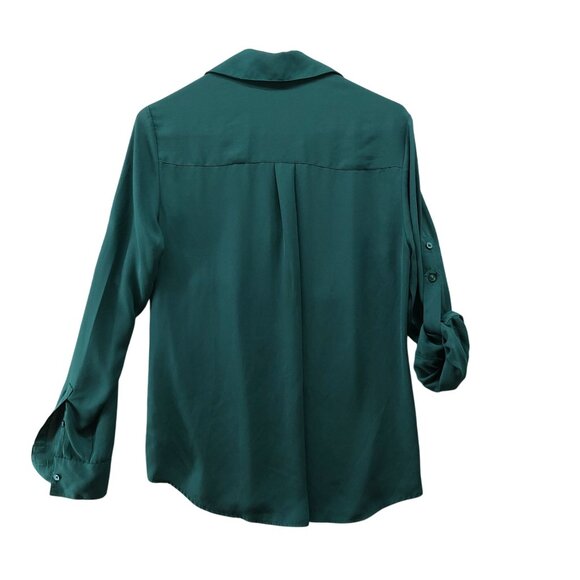 Express Portofino Shirt Womens M Emerald Green Chiffon Roll Tab Sleeve - Picture 2 of 9